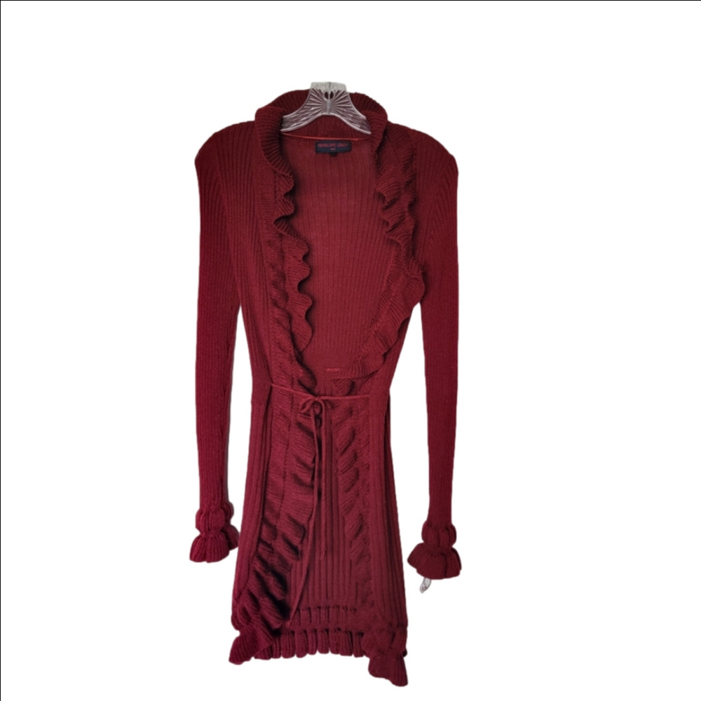 PENELOPE LEROY Chic Burgundy Ruffle Knit Cardigan